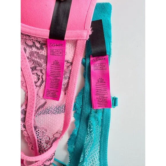 Lot of 2 LA SENZA Hello Sugar Pink Turquoise Lace Trim Push Up Bras, Size 34B - Picture 12 of 14